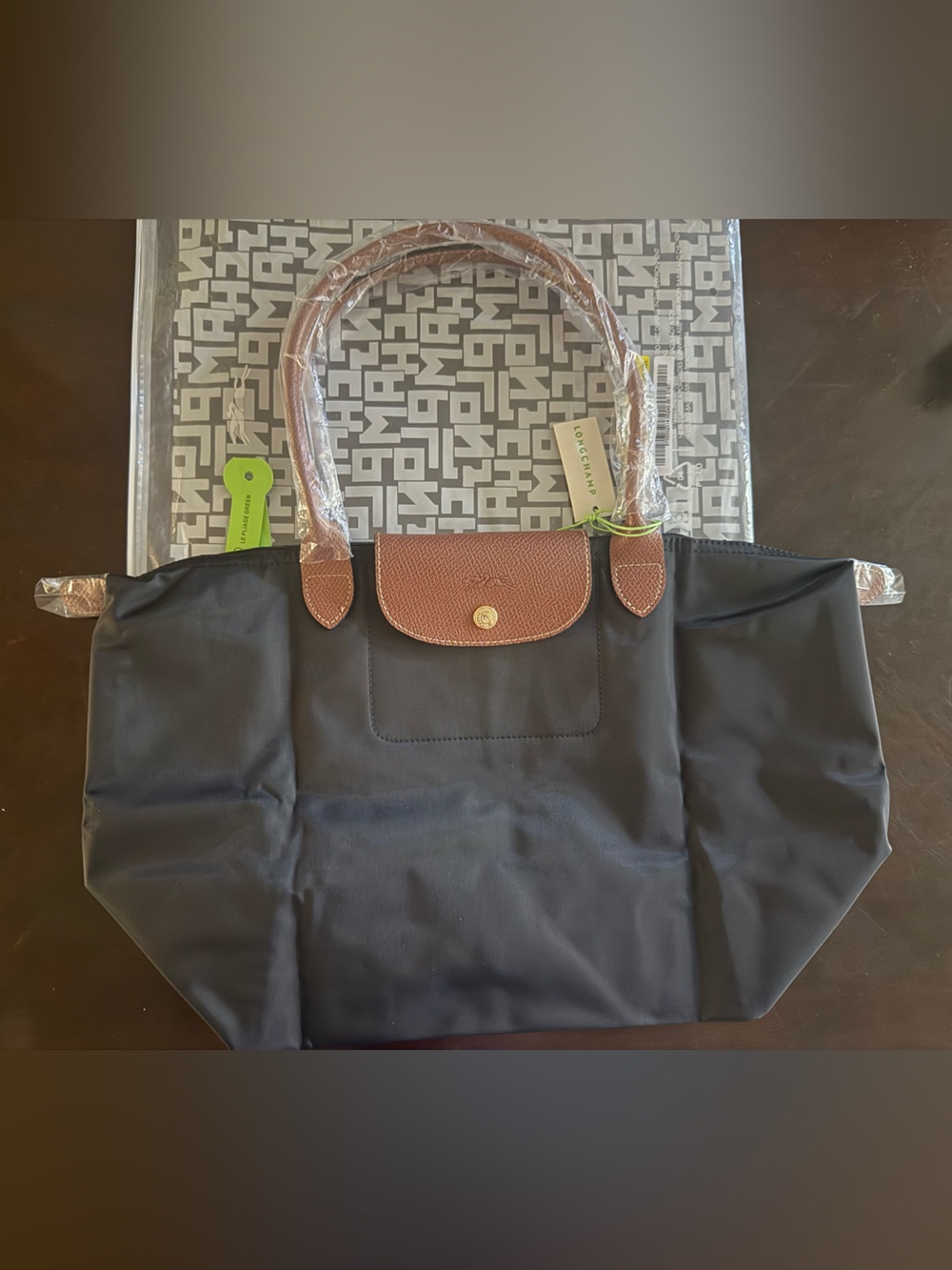 Longchamp Black Nylon Tote with Brown Leather Trim